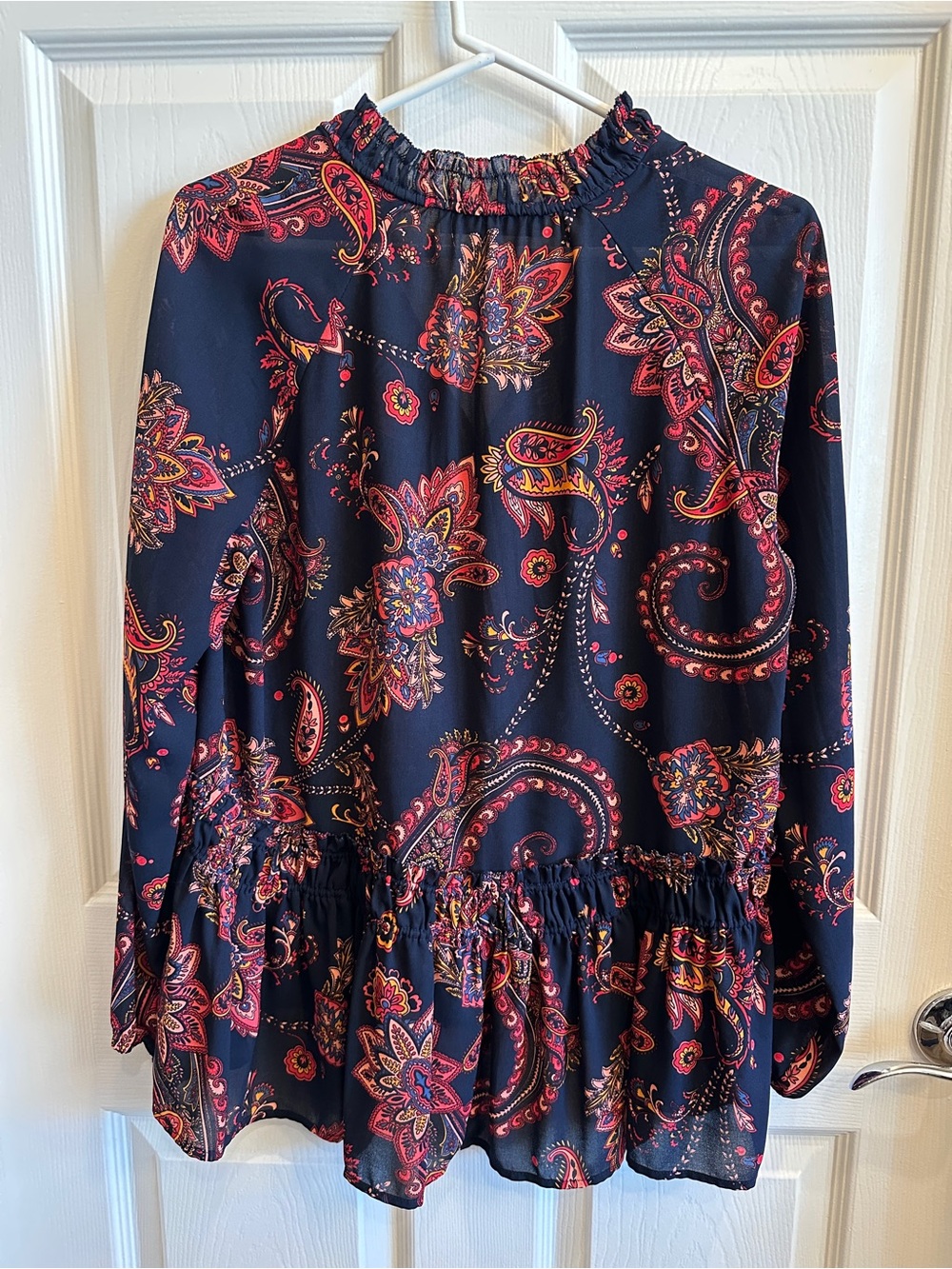 LOFT Navy Floral Paisley Tie-Neck Blouse - Picture 3 of 4
